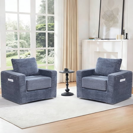 EROMMY 37.4" Boneless Swivel Accent Chair Set of 2,Oversized Detachable Seat Swivel Chair for Living Room and Bedroom, Modern Corduroy Upholstered Accent Armchair, Gray