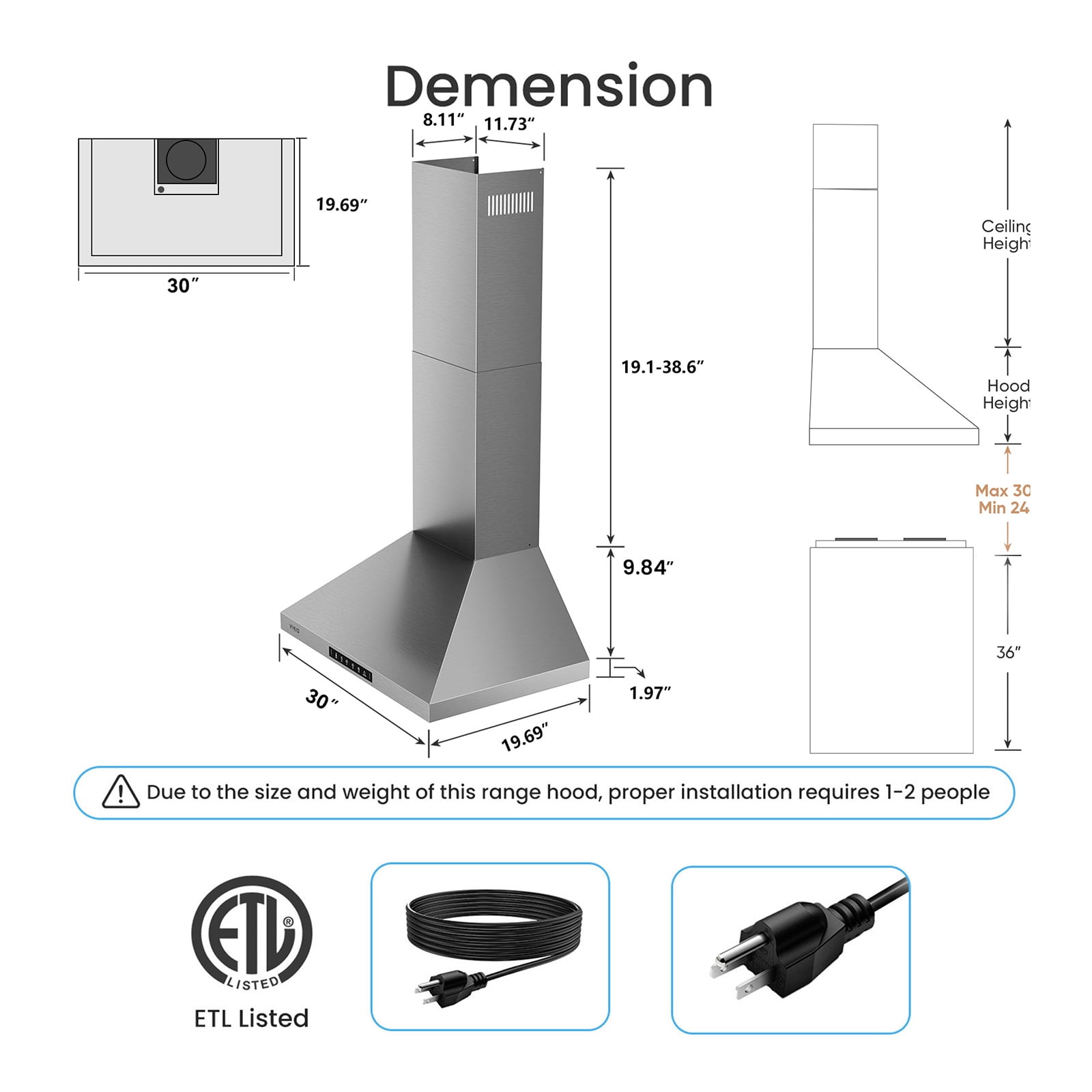 VIKIO 30 inch Wall Mount Range Hood 900CFM Convertible Ducted to Ductless Exhaust Fan , Carbon Filter, Touch Panel, Stainless Steel