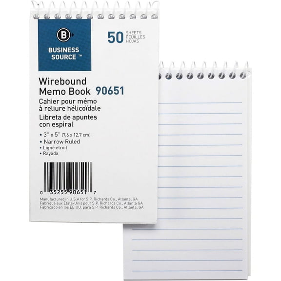 Business Source Wirebound Memo Books - 50 Sheet(s) - Wire Bound - 5" x 3" Sheet Size - White - White Sheet(s) - 1 Dozen | Bundle of 2 Dozen