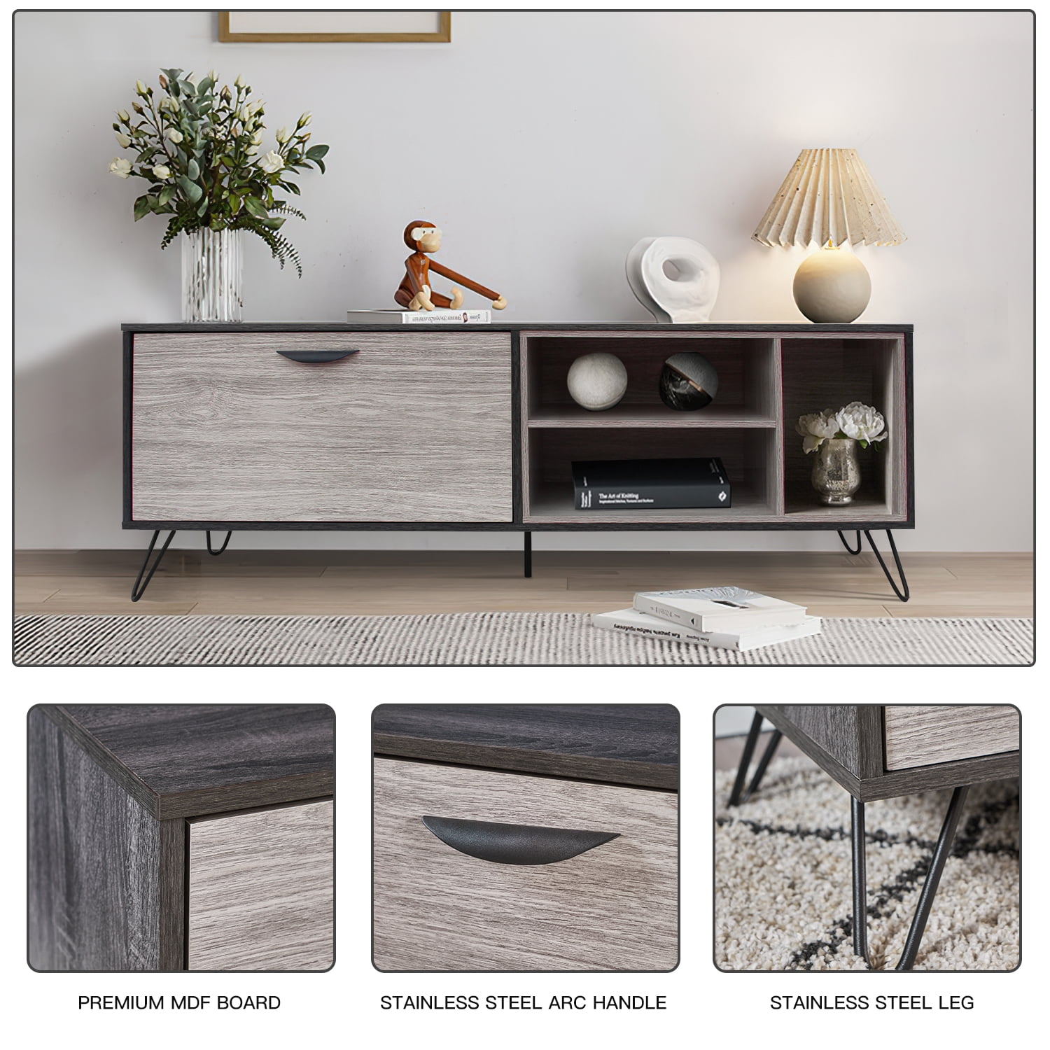 Kadyn Fiberboard TV Stand Console, Modern TV Console with Cabinet & Shelves, Mid Century TV Stand for TV up to 65 Inch, Plaid Grey Oak Kadyn Fiberboard TV Stand Console, Modern TV Console with Cabinet & Shelves, Mid Century TV Stand for TV up to 65 Inch, Plaid Grey Oak