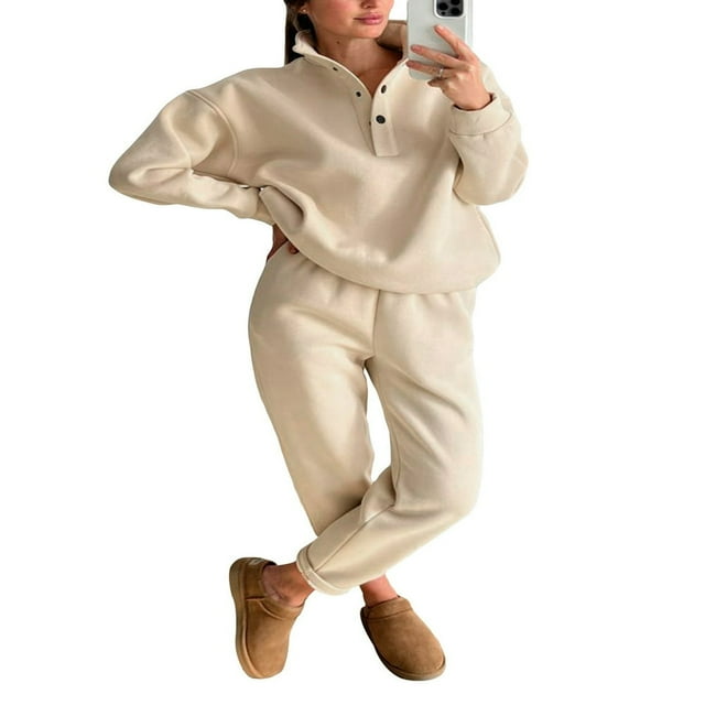Women 2 Piece Tracksuits Solid Color Buttons Sweatshirt and Sweatpants