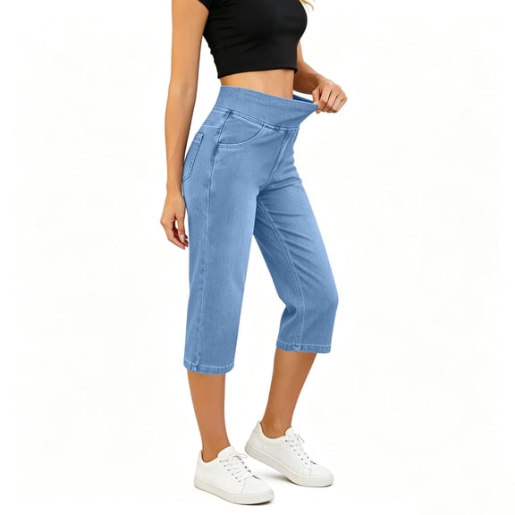FAVIPT Pull On Denim Capris for Women Elastic High Waisted Casual Jegging Stretchy Skinny Solid Crop Pants with Pockets Light Blue,XL