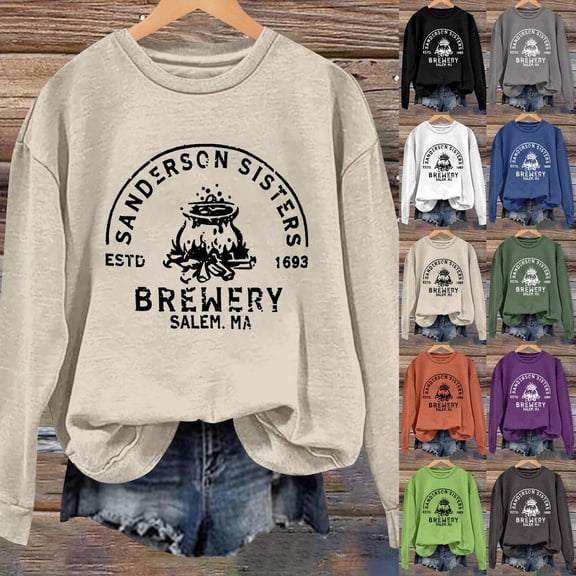 YVNAURA Halloween Letter Print Pullover Sweatshirt for Women Vintage Spooky Graphic Crewneck Long Sleeve Oversized Relaxed Fit Casual Fall Top Party Daily Wear 1 Pack, Beige,L