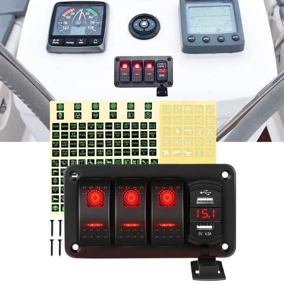 Waywe 3 Gang Rocker Switch Panel Red Backlit with 4.8 Amp Dual USB Charger Voltmeter Waterproof 12V 24V DC Rocker Switch for Car Trucks Boats RVs