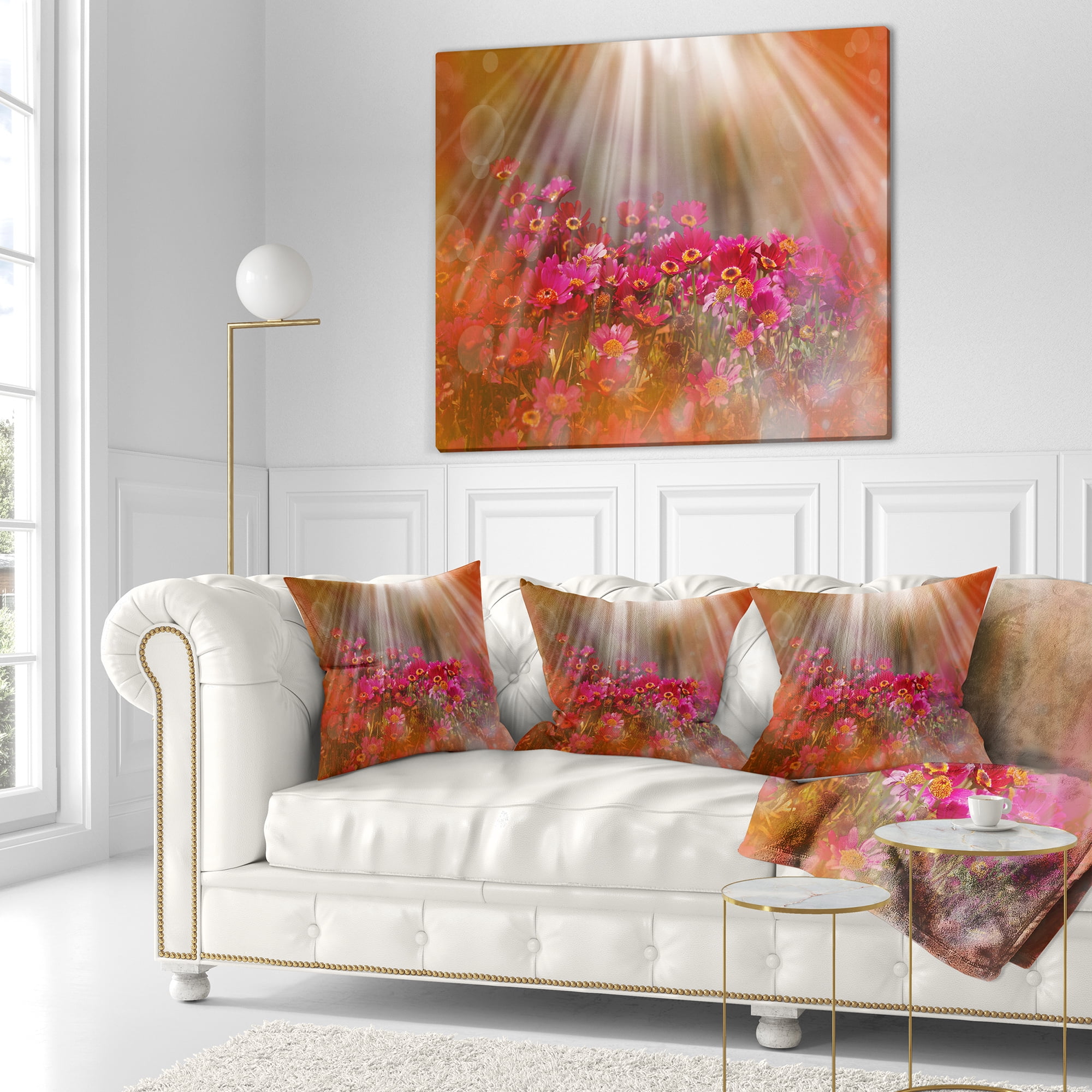 Designart Sunlight Over Small Red Flowers - Floral Throw Pillow - 16x16