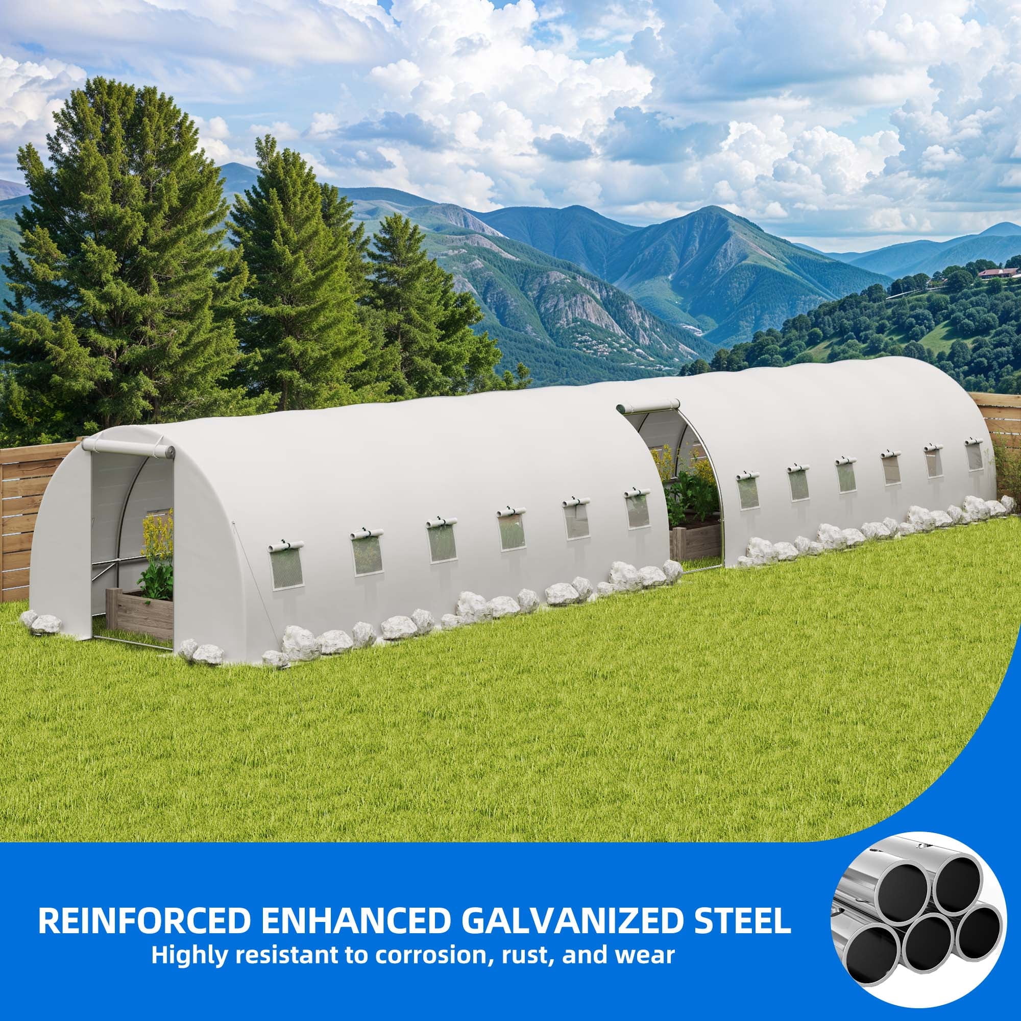 Uforic 44x10x7ft Outdoor Walk-In Tunnel Green House with Zipper Door for Planting, Gardening