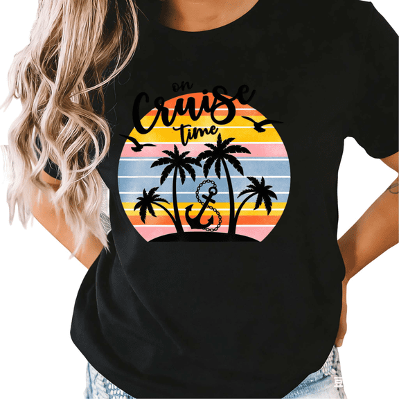 Black S-5XL Cruise Time Nautical Print Tshirt Graphic Tees Shirts Caribbean Cruise Holiday Tops