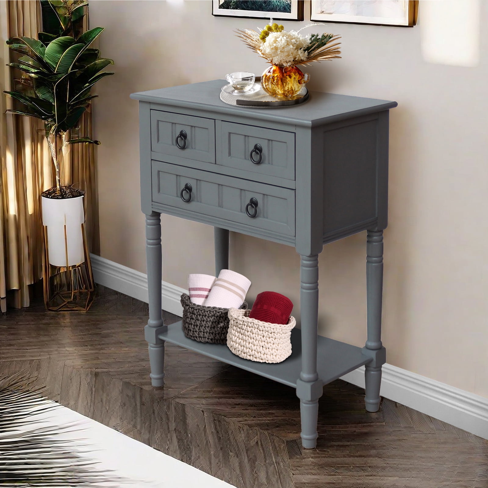 Entryway Table with Storage, Rustic Small Console Table w/ 3 Drawers & Open Bottom Shelf, Skinny Wood Console Table, Narrow Sofa Side Table for Living Room, Foyer, Entry Table, Vendee Gray