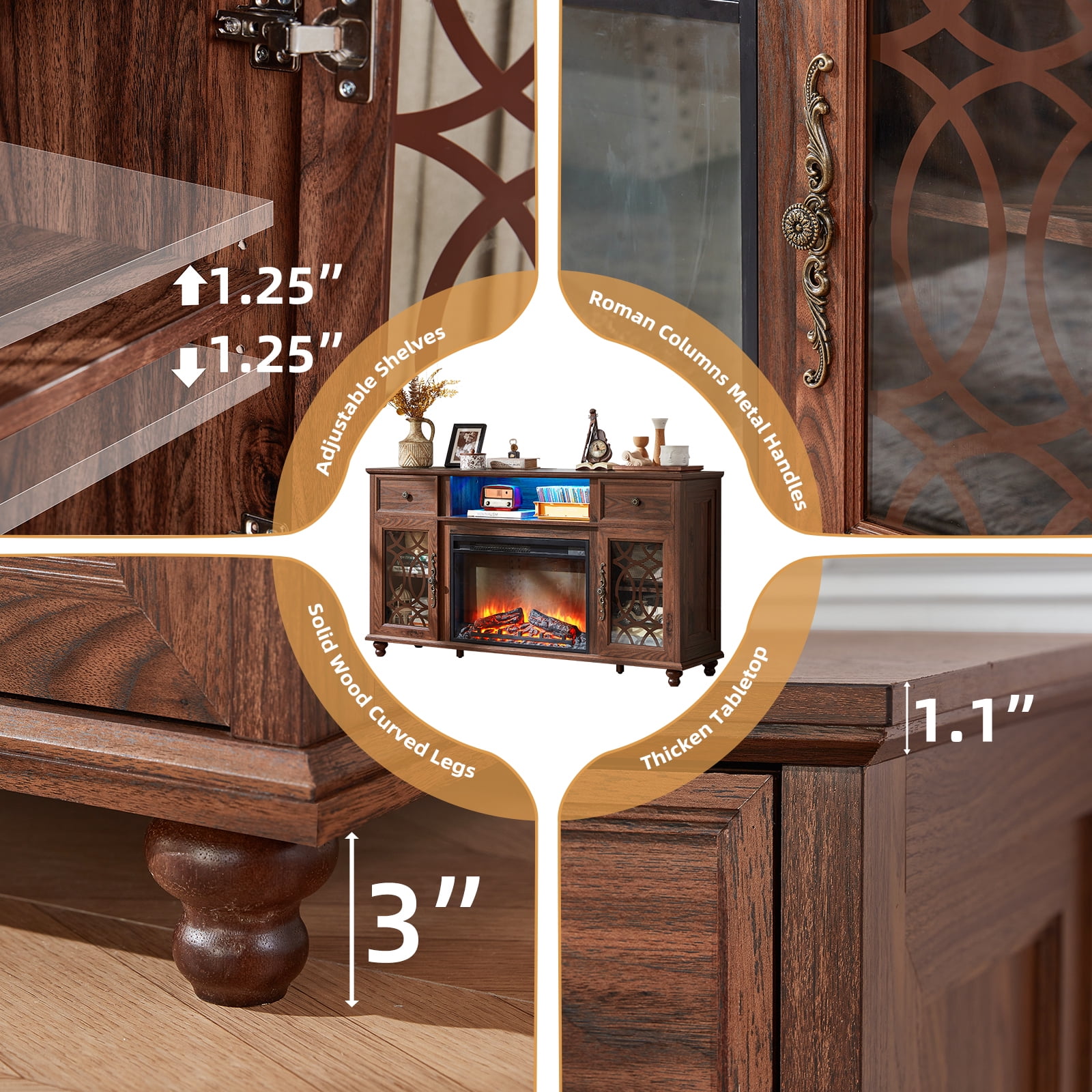 59 inch Fireplace TV Stand with 26.1" Electric Fireplace, High Gloss Entertainment Center for TVs up to 65 inch with LED Lights & Storage Cabinets, Brown