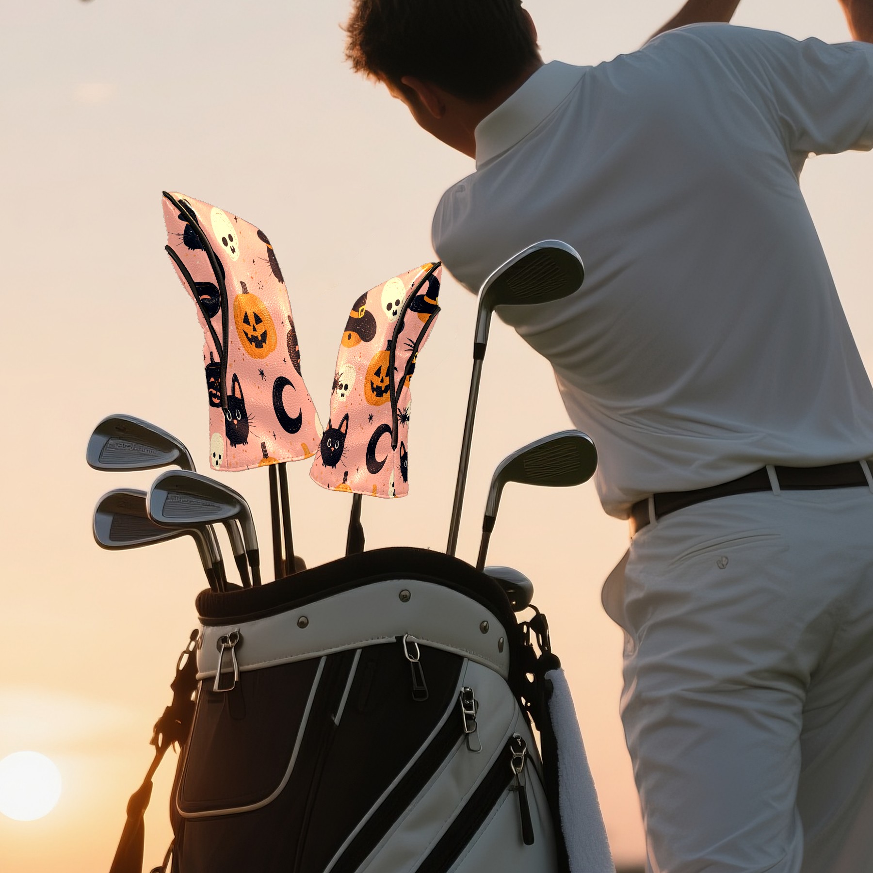 Golf Club Covers PU Leather Waterproof Head Covers for Fairway Woods Hybrids Halloween Pattern Unisex Fits Most Brands