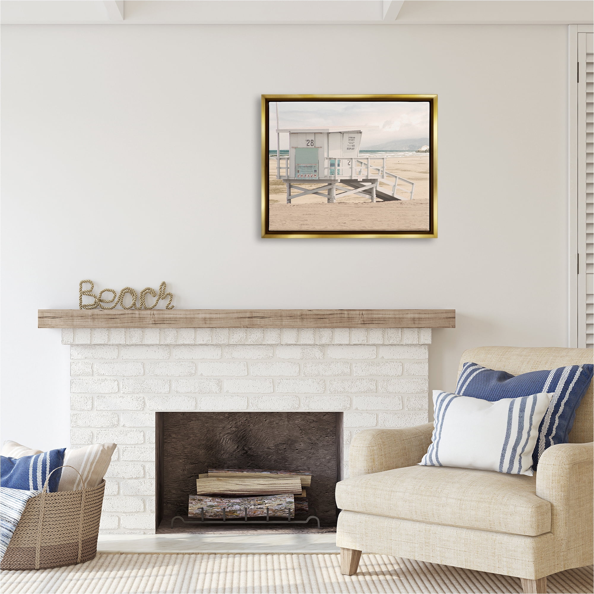 Stupell Industries Lifeguard Hut on Beach Landscape Photography Gold Floater Framed Canvas Art Print Wall Art, 31 x 25