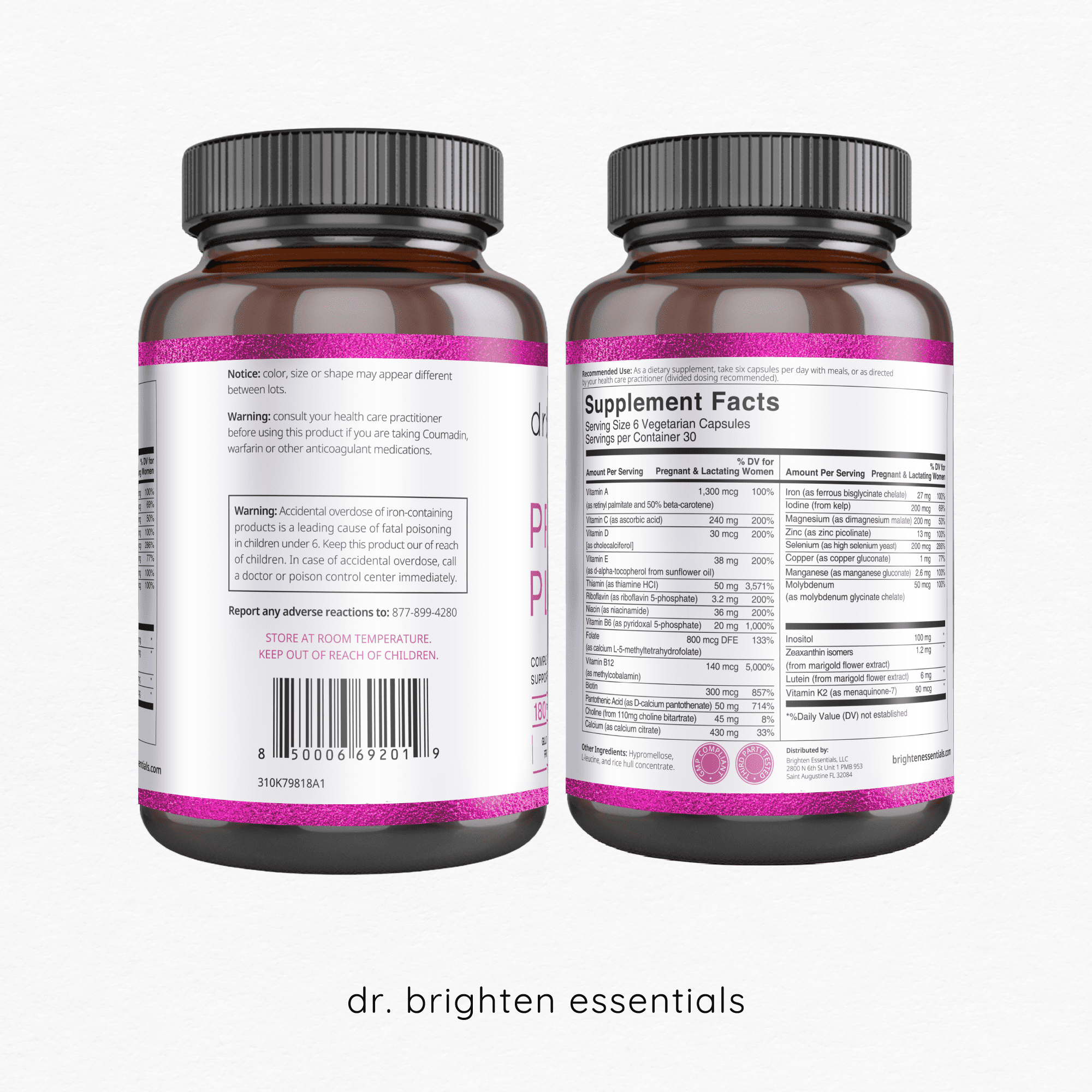 Dr. Brighten Prenatal Plus - Women’s Formulation, Active B Vitamins, Minerals, Antioxidants for Pregnant or Nursing Mothers, Non-GMO Vegan, No Gluten, No Soy - 180 Capsules