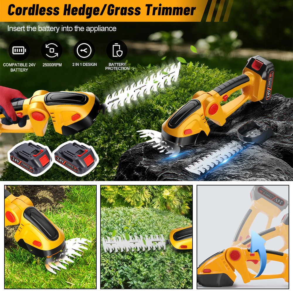 PEPWELL Cordless Grass Shear & Shrubbery Trimmer, 2-in-1 Electric Shrub Trimmer Grass Shears Handheld Grass Cutter, Hedge Shear with 2 PCS Rechargeable Battery and Charger for Garden, Lawn