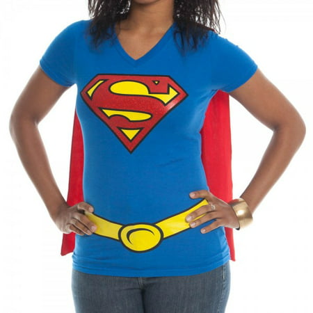 Supergirl Caped Glitter Womens V-Neck T-Shirt Costume Superman DC Comics