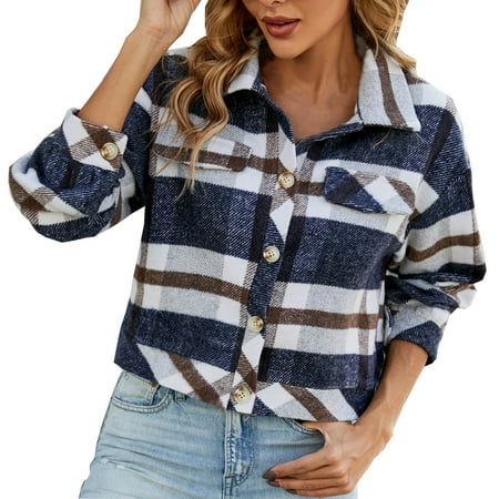 

Womens Cropped Plaid Shacket Flannel Long Sleeve Button Down Jackets Coat for Women