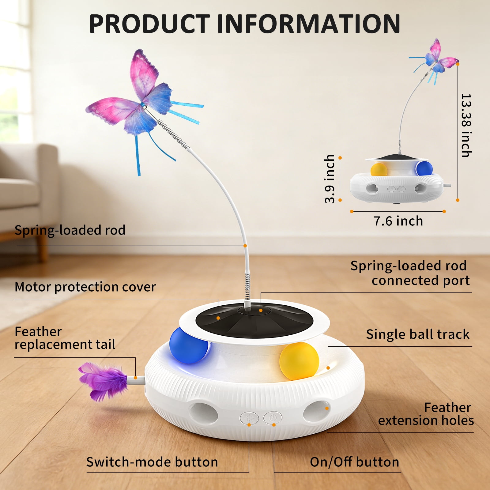 Three-in-one indoor interactive cat toy: Smart cat feather wand, USB rechargeable, White.