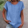 thumbnail image 2 of Womens Cotton Linen Tunic T Shirts Short Sleeve Round Neck Soft Loose Fit Shirts Summer Casual Tops with Pocket Blue, 2 of 4