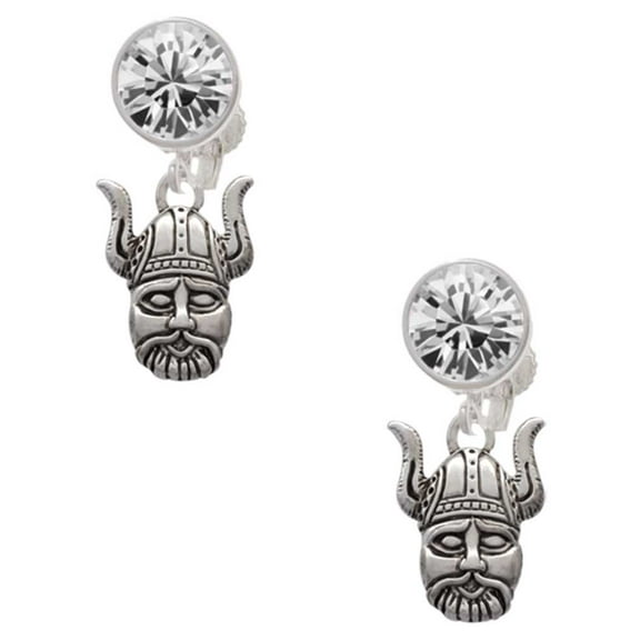 Silvertone Small Viking - Mascot Clear Crystal Clip On Earrings