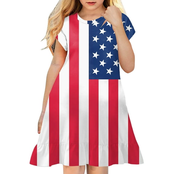 Quealent 4th of July Dress Girls Dresses Summer Swing Short Sleeve Casual Clothes for Little Kids Independence Day Outfits Red,7-8 Years