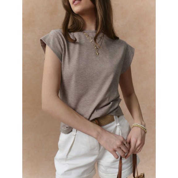 Elegant loose round neck mocha brown back strap bow spring and summer women's T-shirt
