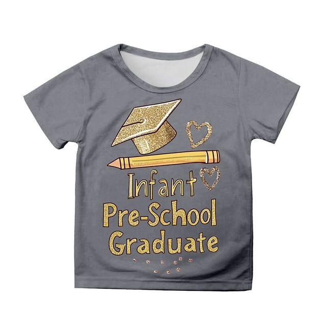 Little Girls Short Sleeve T Shirt With Cute Cartoon Print Crewneck Top Graduation Photo Tee For Kids Size 6-7T