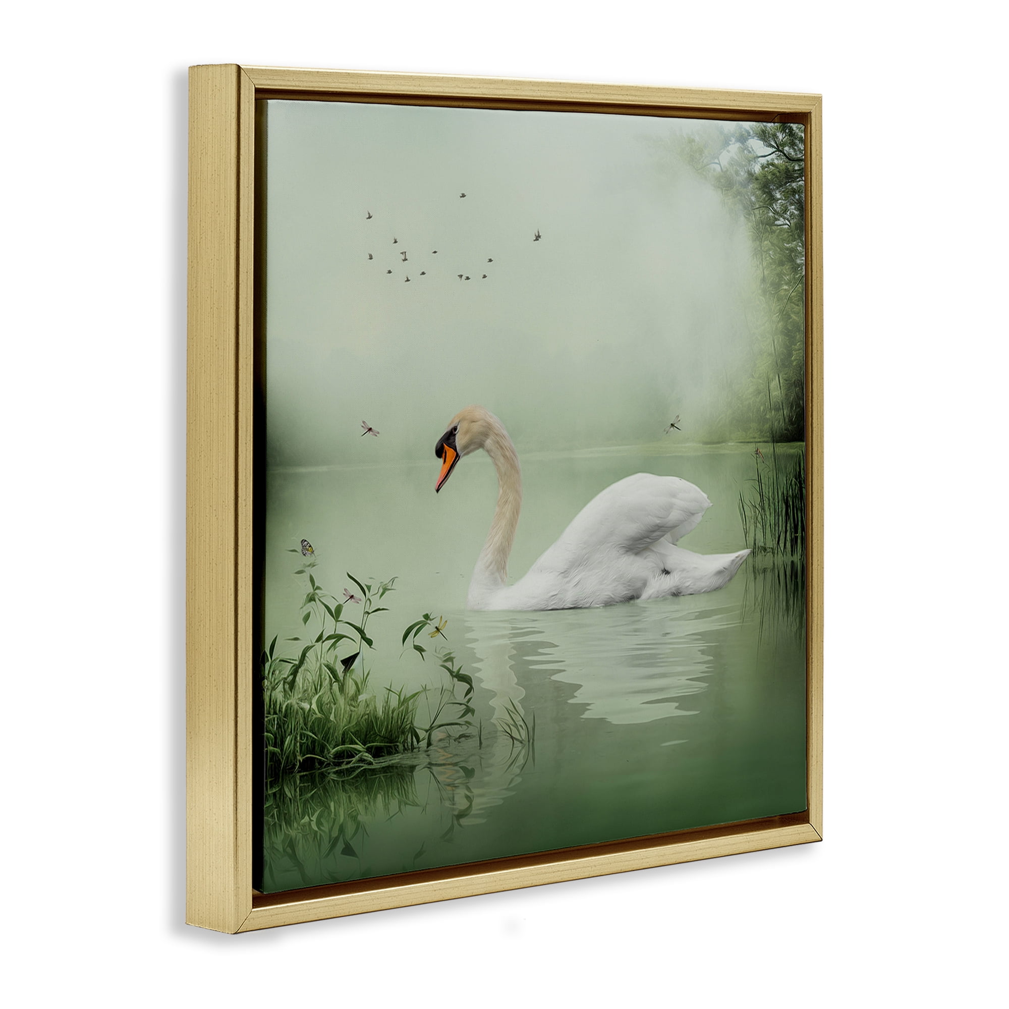 Stupell Industries Swan's Sanctuary Misty Lake Landscape & Nature Painting Gold Floater Framed Canvas Art Print Wall Art, 25 x 25