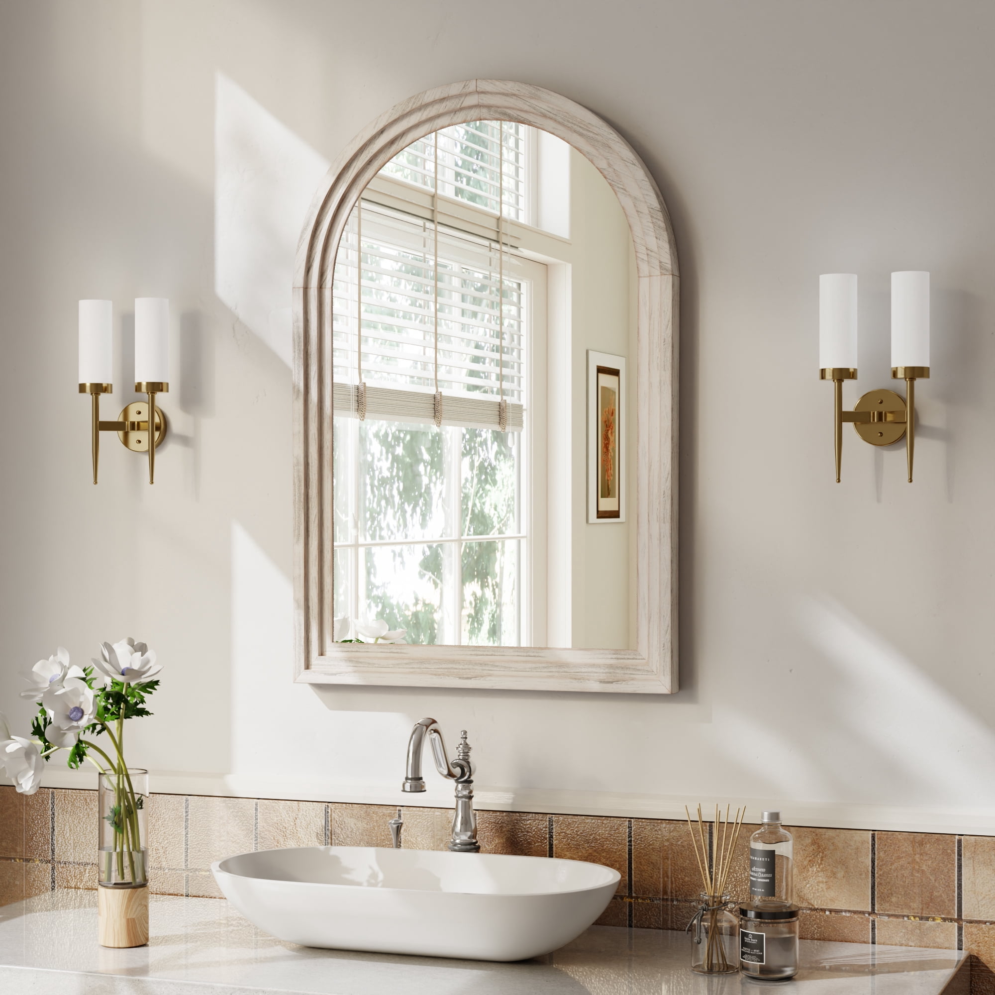 Mirrasia 24"x 36" Arched Vanity Mirror Decor Wall Mirror with Solid Wood Frame, White