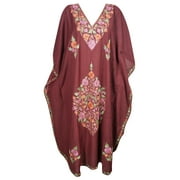 Mogul Bohemian Womens Long Kaftan Maroon Kashmiri Floral Hand Embroidered Sleepwear Maxi House Dress