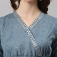 thumbnail image 7 of Janasya Indian V-Neck 3/4 Sleeve Ethnic Motifs Blue Cotton Flex Ethnic Dress For Women, 7 of 7