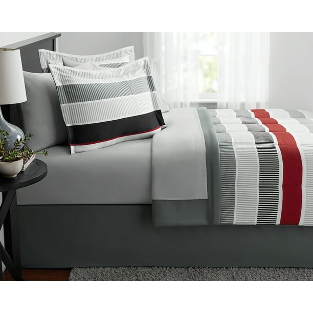Mainstays Red Stripe 8 Piece Bed in a Bag Bedding, Queen, Red Walmart