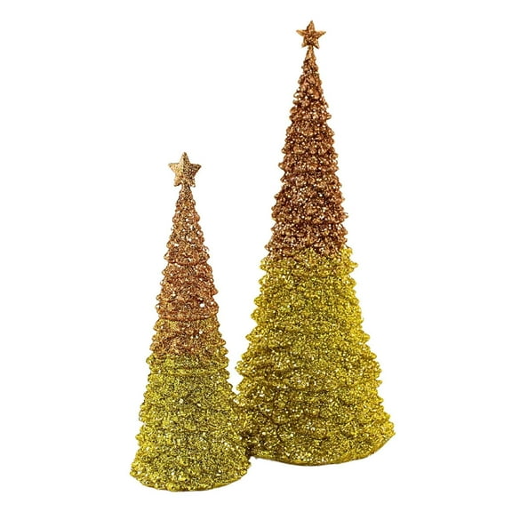 Roman Lighted Christmas Tree Gold Glitter Ombre, Set of 2, Holiday Decoration