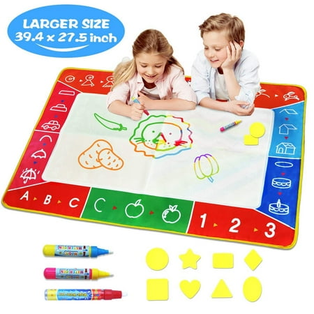 Water Doodle Mat - Large (39.4 x 27.5in) Aqua Magic Mat Kids Water Drawing Painting Pad with Water Pens & Stamps - Educational Toy&Toddler Gift for Girl Boy Age 1 2 3 4 5 6 7 8 9 10 11 12 Year