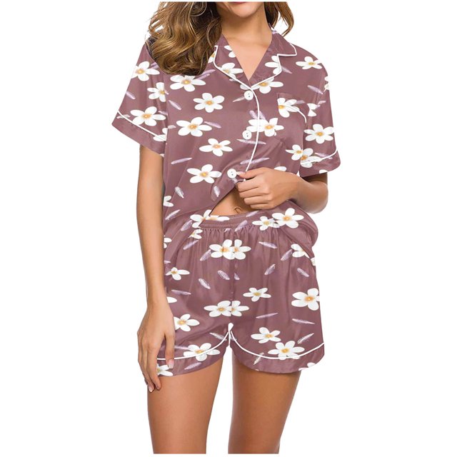 Rbaofujie Ensembles de Pyjama pour Femmes Blouse à Manches Courtes Col Rabattu Imprimé Décontracté Mode Pantalon Court Ensemble de Pyjama Chemises de Nuit et Vêtements de Nuit
