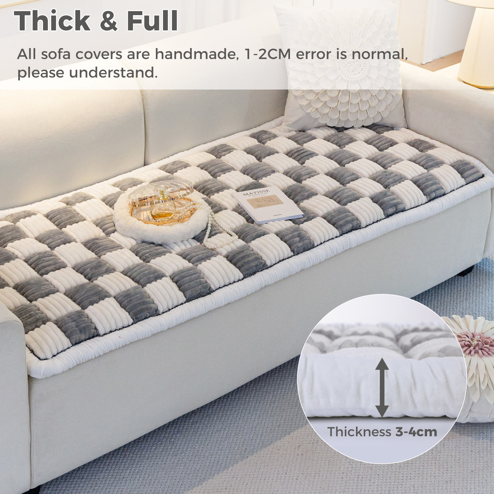 ANMINY Thick Fuzzy Checkered Couch Cover, Non-Slip Nordic Cream Sofa Protector Mat, Soft Flannel Furniture Cover