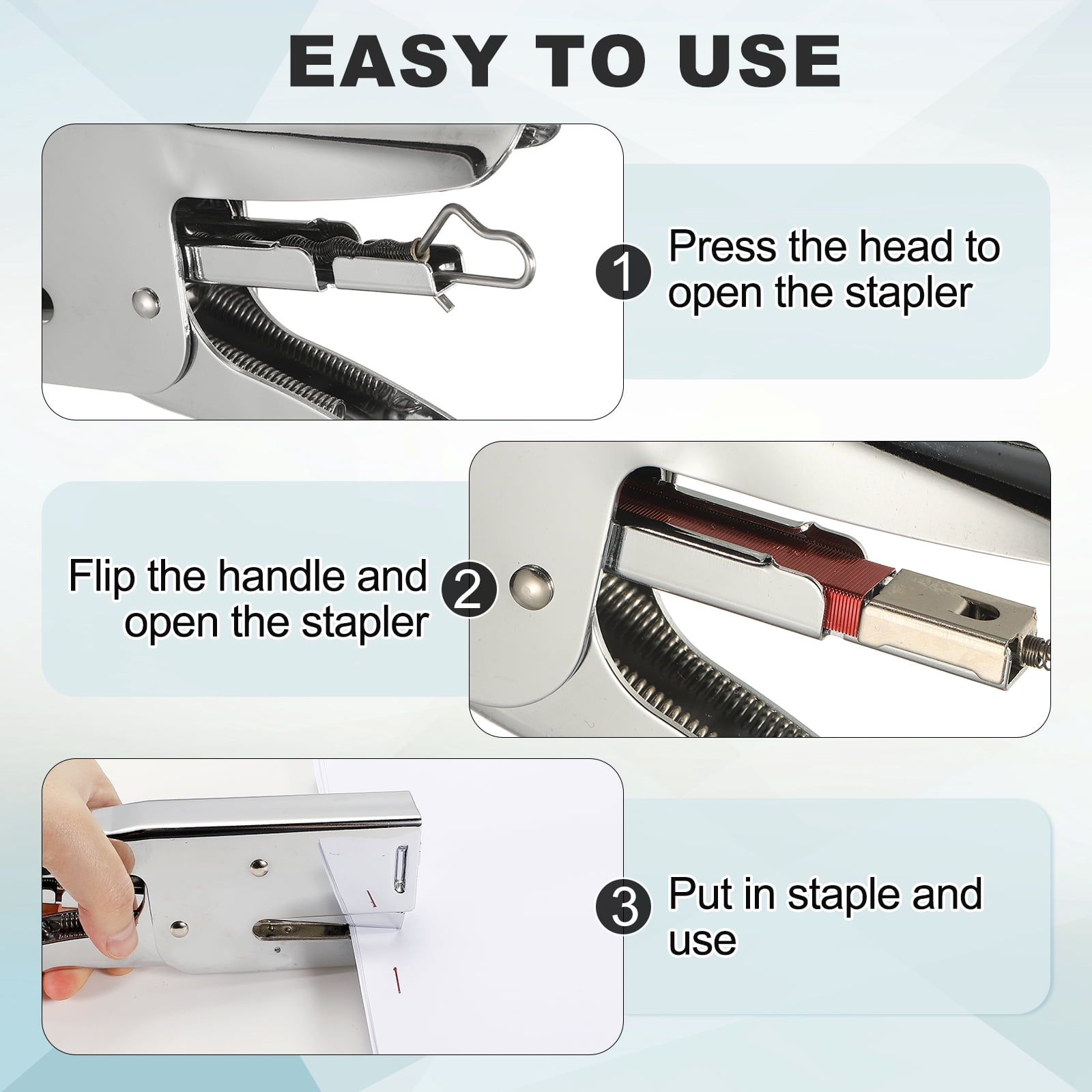 Desktop Stapler Heavy Duty, 1 Set Handheld Plier Stapler No Jam with Staples Remover and 2000 Green & Blue 26/6 Staples Set for Office Supplies Workplace Paperwork Cardboard, Silver