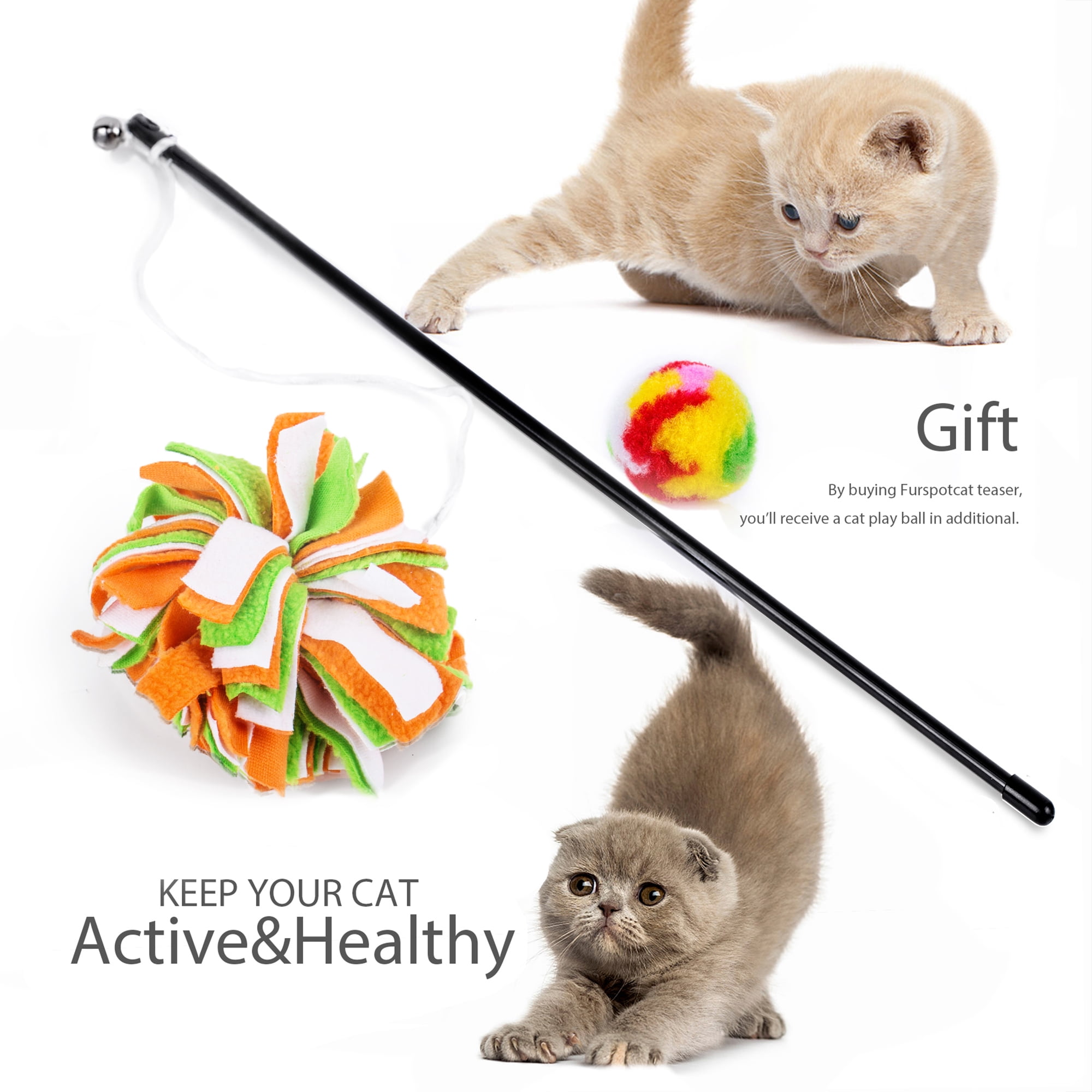 Plastic Pets Cat Teaser Toy With Fabric Flower Ball Cat Toy, 2 Count