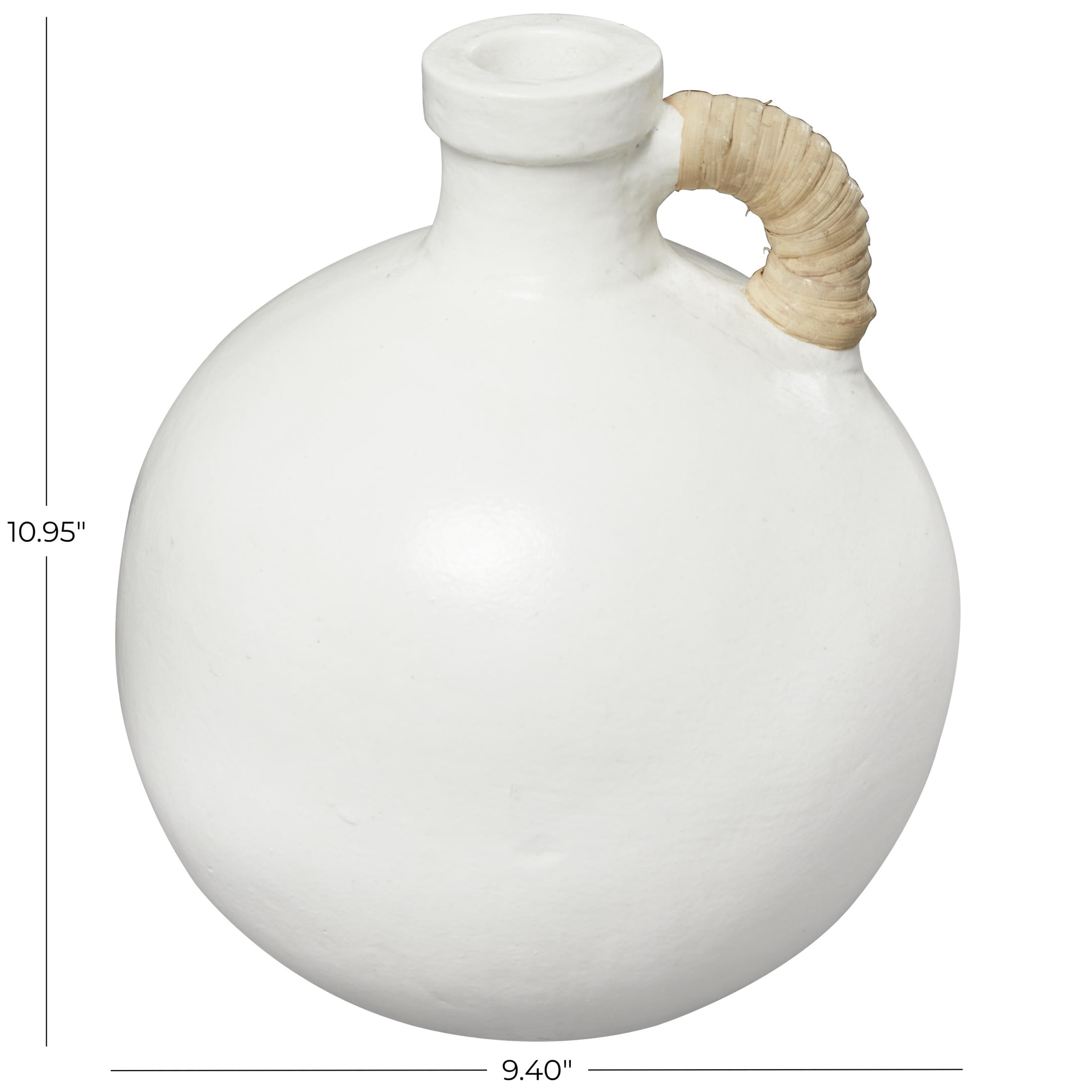 DecMode 11" Jug Inspired White Ceramic Vase with Rattan Wrapped Handle