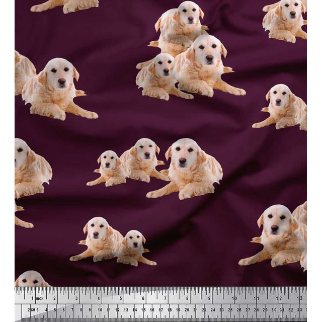 Soimoi Moss Georgette Fabric Golden Retriever Dog Printed Fabric 1 Yard 42 Inch Wide
