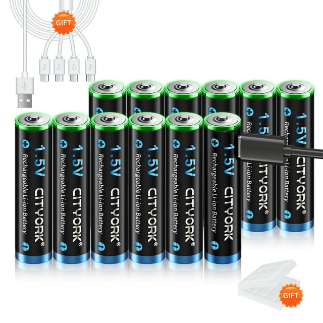 CITYORK 12 Pack USB 1.5V AAA Lithium Rechargeable Battery 1200mWh High Capacity Triple-A Battery with TYPE -C Cable