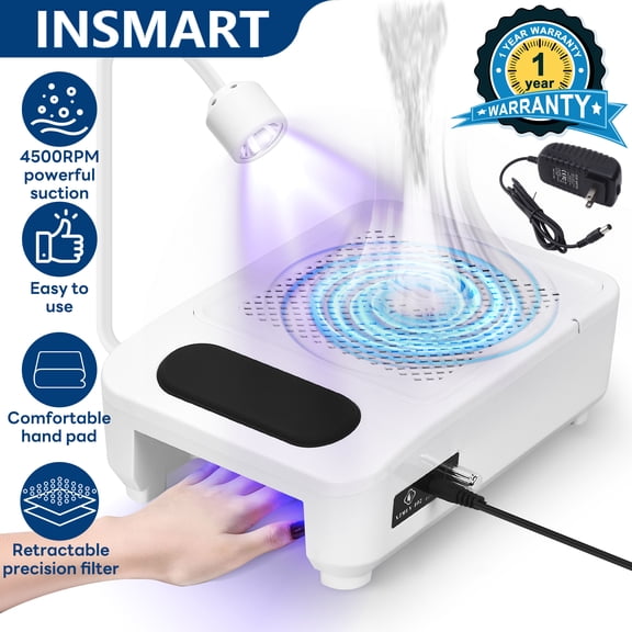 INSMART 3-in-1 Nail Dust Collector with LED Lamp, 4500RPM Strong Suction, Reusable Filter for Manicure
