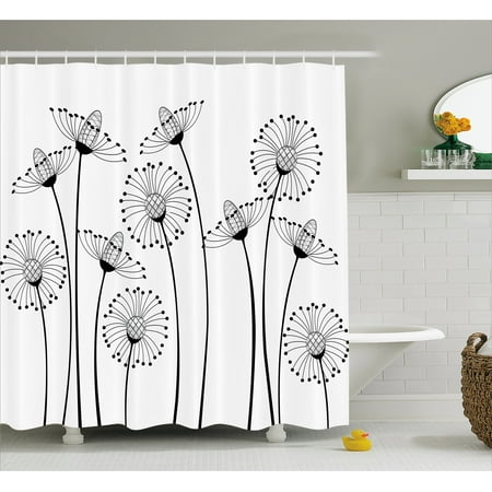 Abstract Art Shower Curtain Black and White Decorations Shower Curtain, Meadow Flowers Stylized Abstract Dandelions Countryside Art, Fabric Bathroom Set with Hooks, 69W X 70L Inches, Black White, by Ambesonne ()