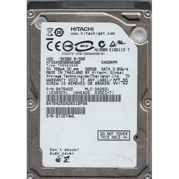 HTS545050B9A300, PN 0A70425, MLC DA2831, Hitachi 500GB SATA 2.5 Hard Drive