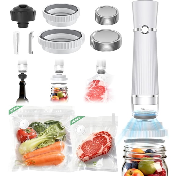 3-in-1 Handheld Vacuum Sealer for Food, Compatible with Vacuum Bags, Mason Jars & Wine Bottles, Portable Food Saver with Automatic Stop, Reusable Bags, Jar Lids & Wine Stopper
