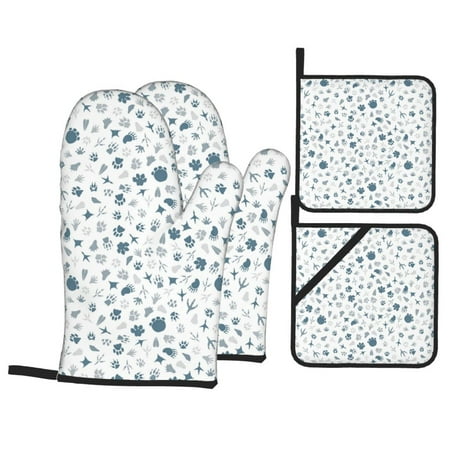 

Oven Mitts and Pot Holders Set Baking 4-Piece Set for Kitchen for Outdoor BBQ Mitts Heat Resistant Cooking Animal Footprints Pattern