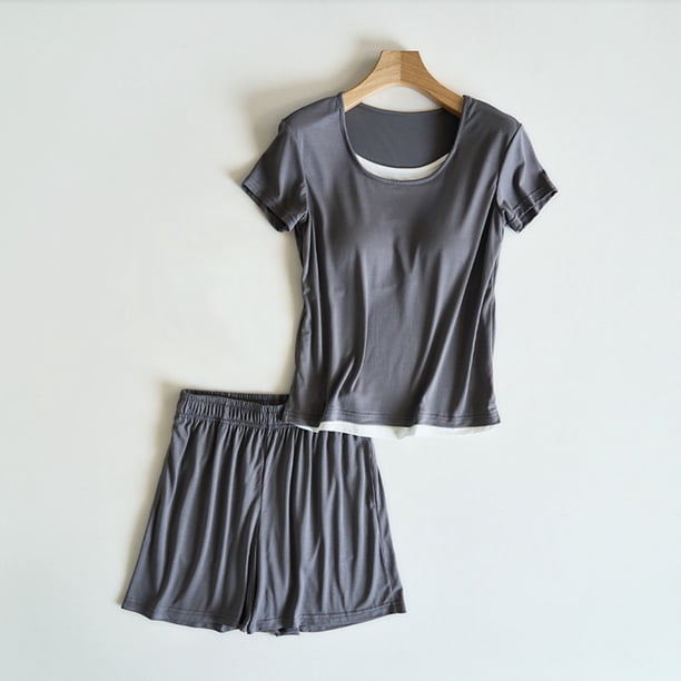 Pijama de manga corta para mujer, ligero y transpirable, con almohadillas para el pecho, ropa de casa y pijama, blusa de poliéster.