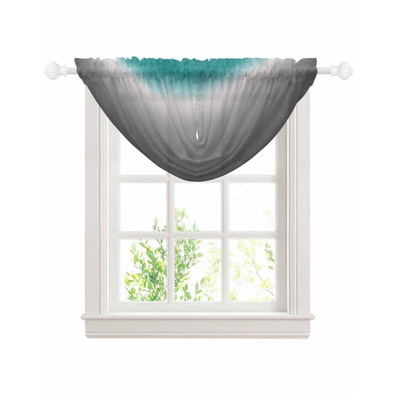 Teal Grey Ombre Sheer Waterfall Valance Curtains for Window, Turquoise Gradient Modern Abstract Art Rod Pocket Sheer Topper Swag Curtains for Living Room, Kitchen 38.5"W x 47.2"L, 1 Panel