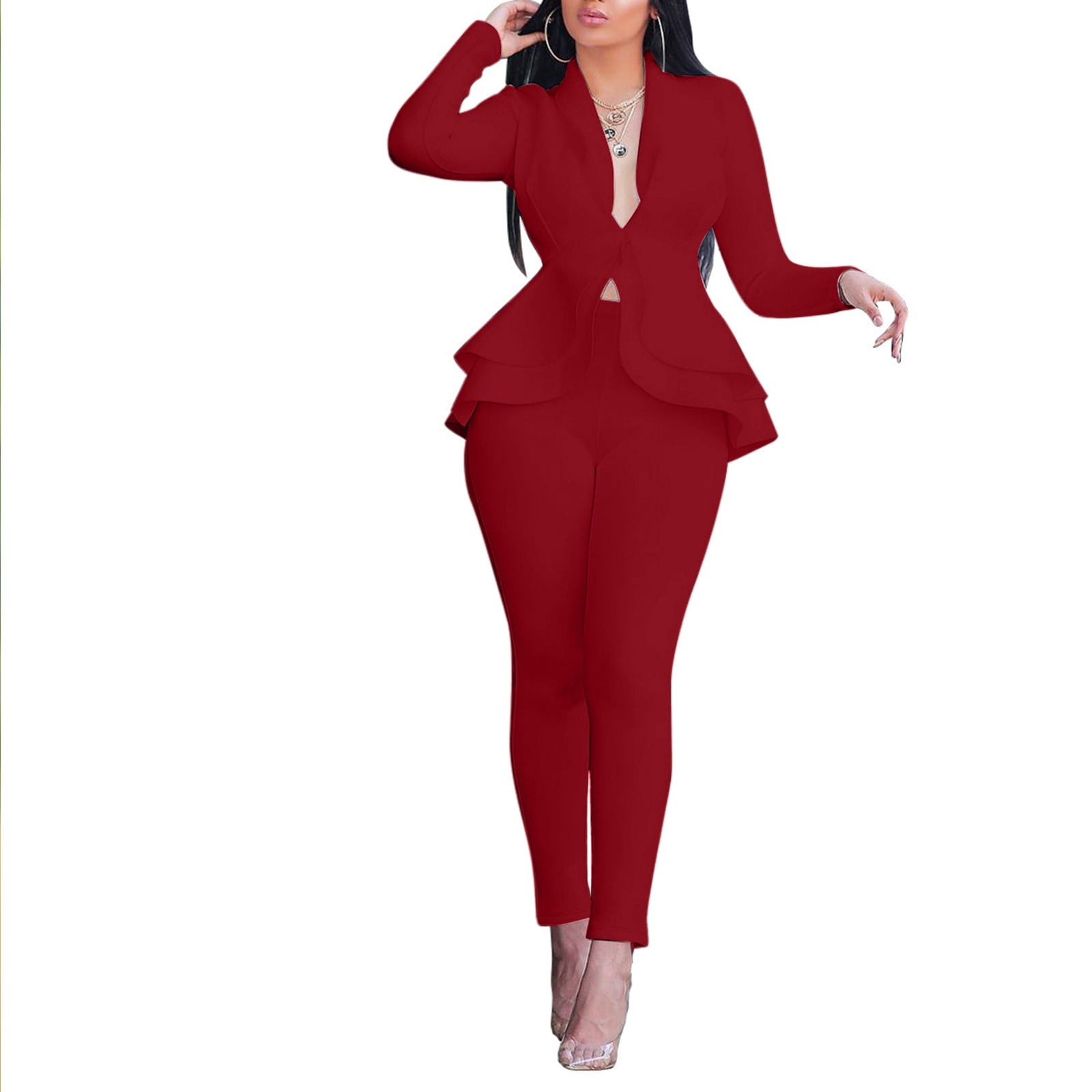 Pants Suits for Women plus Size Women Two-Piece Outfits Fashion Solid  V-neck Ruffles plus Size Pant Suits for Women Dressy Party Summer Business