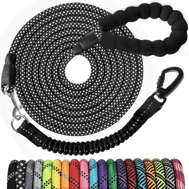 Correa larga para perro de 30 pies: correas de cuerda resistentes para entrenamiento de perros con gancho giratorio bloqueable, hilos reflectantes, elástico y mango acolchado, correa para