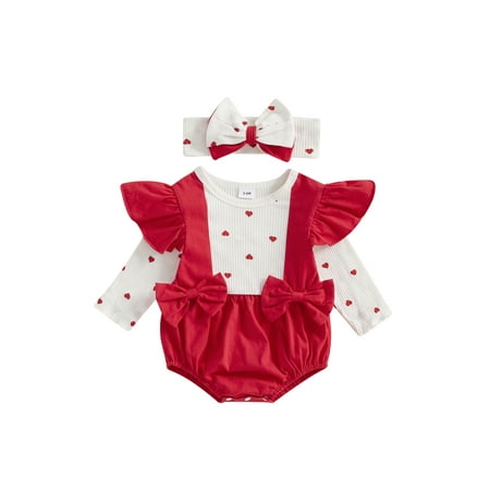 

Juaugusep Baby Girl Valentines Day Outfit Cute Heart Print Long Sleeve Bubble Romper Jumpsuit Headband Spring Outfits