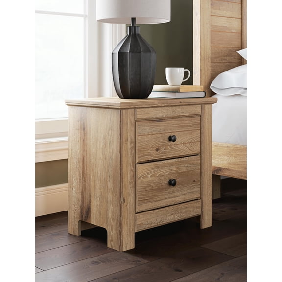 Signature Design by Ashley Allihauser Two Drawer Nightstand with USB Charging, Replicated Oak Grain, Natural Tan Finish
